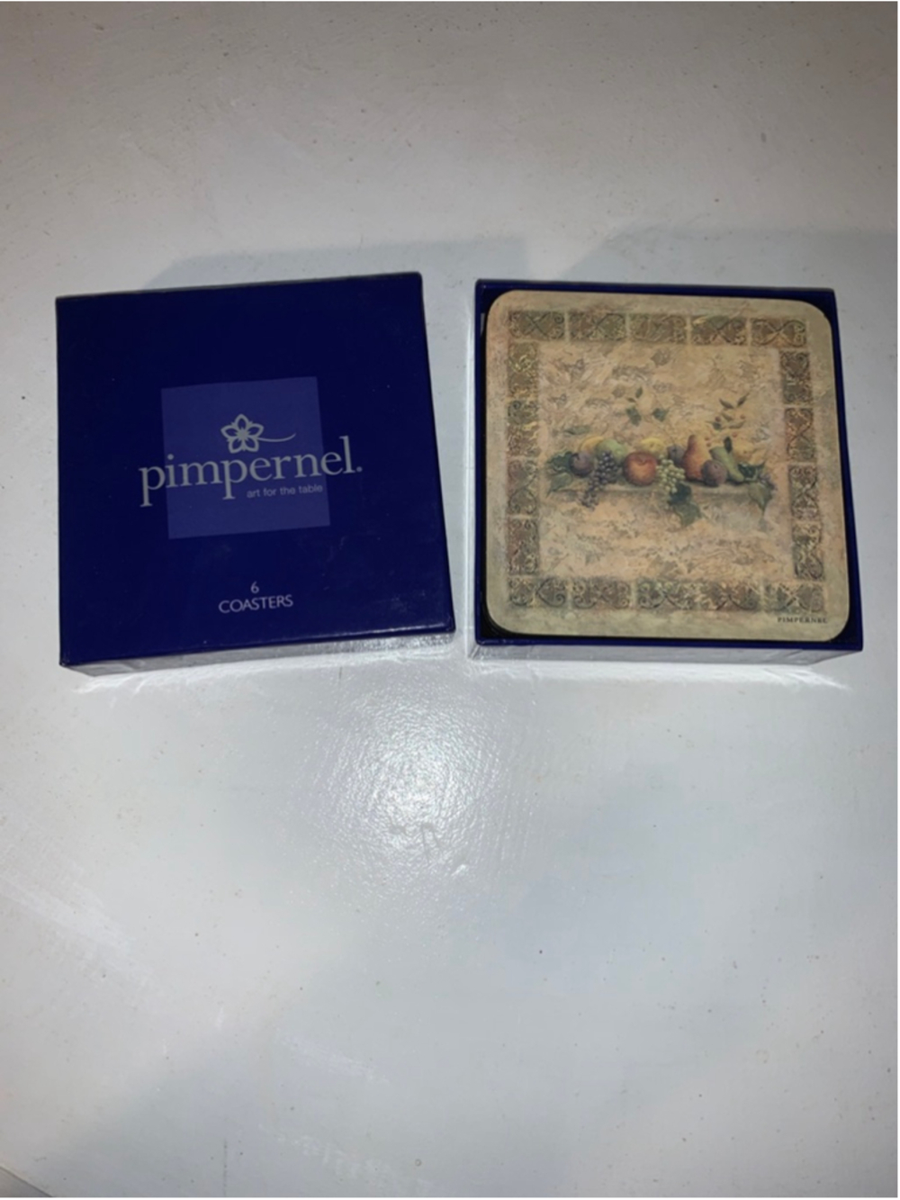 Pimpernel Standard Table Linens Coasters Brown Blue Fruit Design